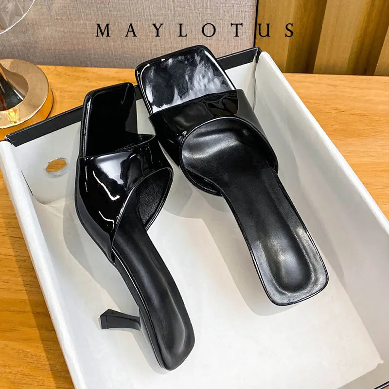 Size 34-43 Women Heeled Mules Sandals Soft Genuine Leather 6cm Heels Summer Shoes For Women Slippers Vintage Square Toe Mule