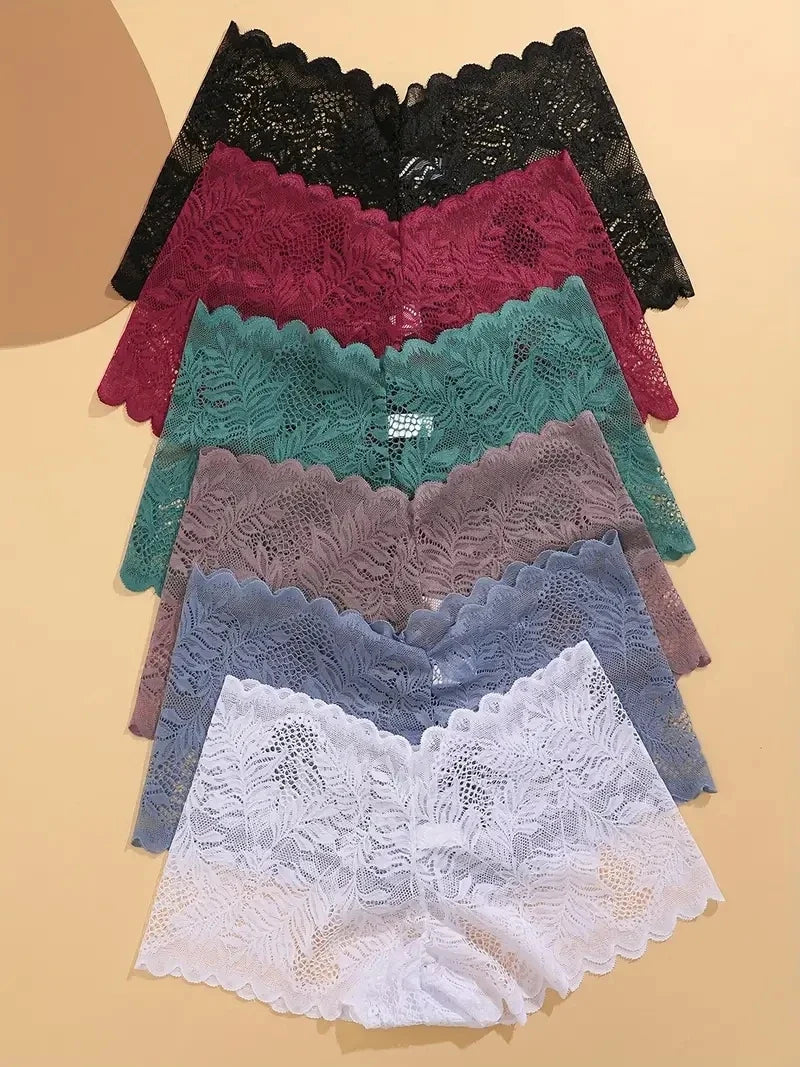 6PCS Women Lace Boxers Briefs Sexy Seamless Breathable Low Waist Female Underwear Solid Color Intimates High Elastic Lingerie
