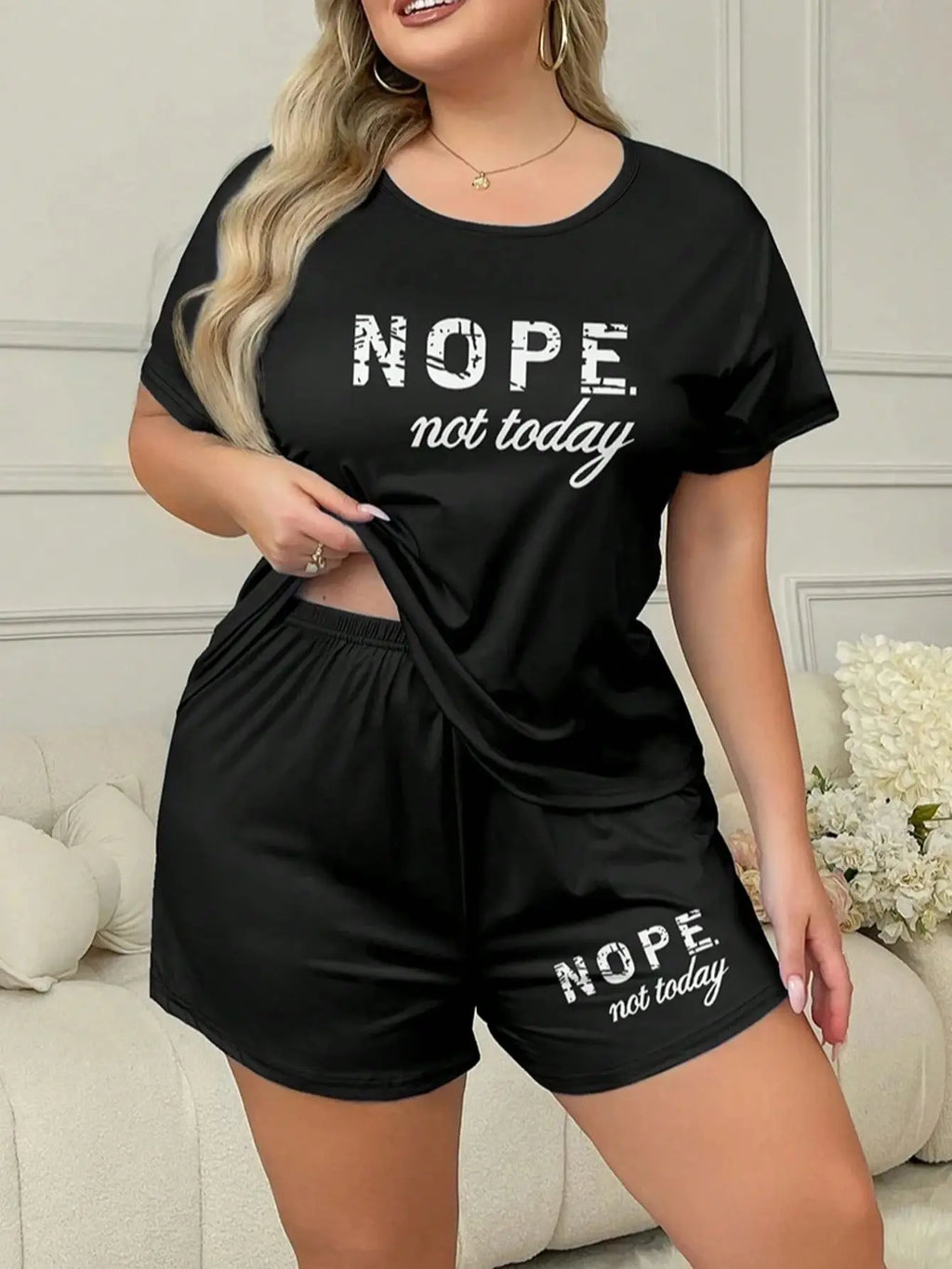 Letters Print Pajama Set Short Sleeve Tee And Elastic Shorts Plus Size Fit Women's Casual Attire Sports Wear Loungewear Homewear