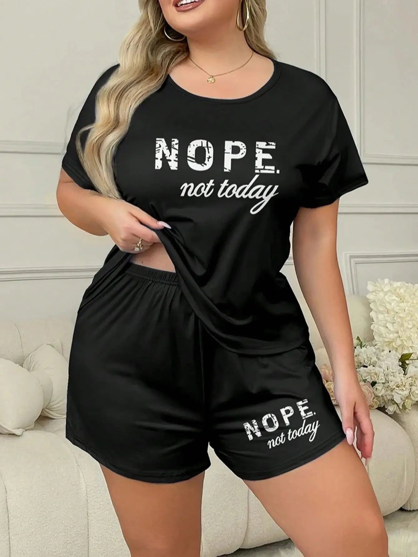 Letters Print Pajama Set Short Sleeve Tee And Elastic Shorts Plus Size Fit Women's Casual Attire Sports Wear Loungewear Homewear