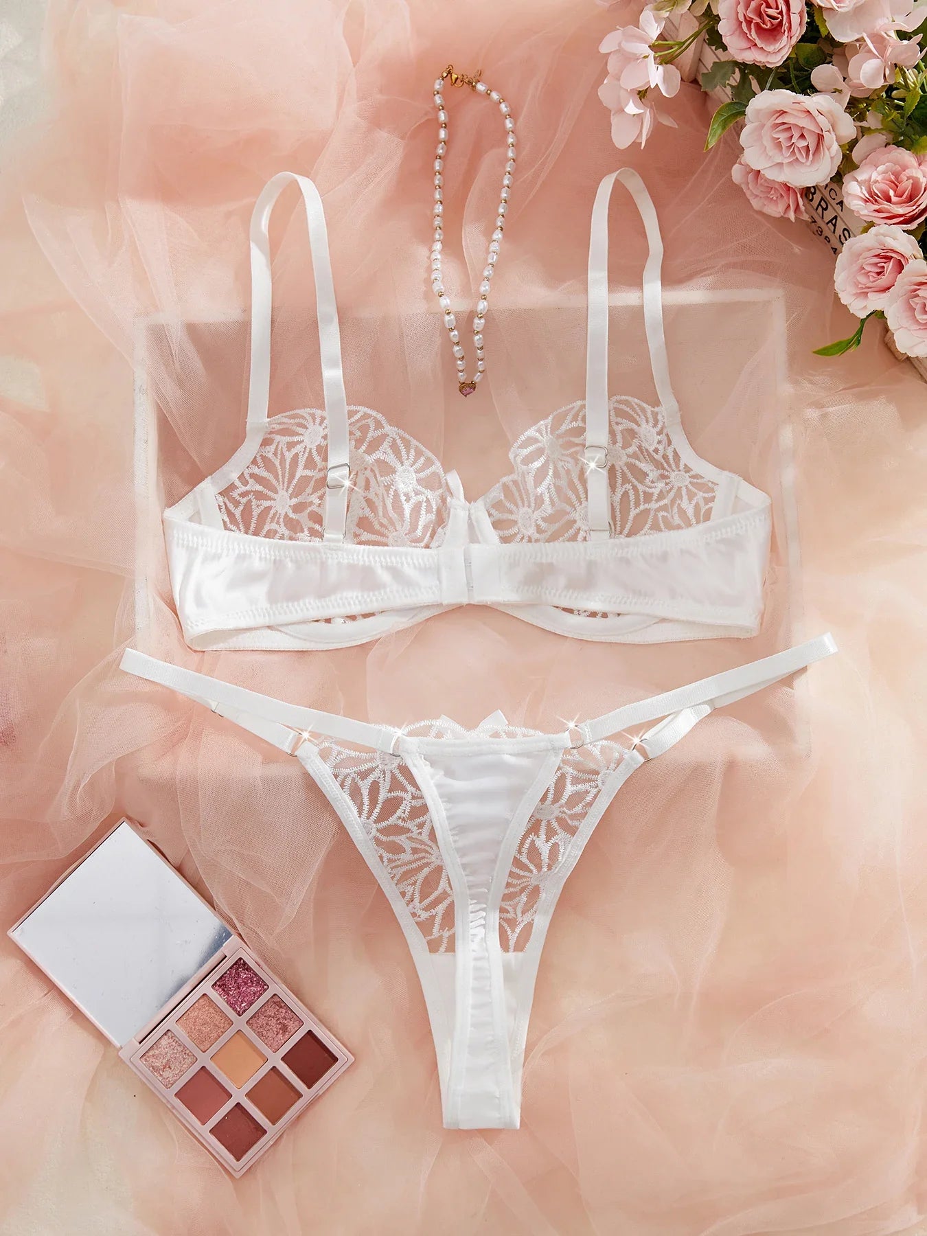 Women's White Lace Bra and Thong Set - Sexy Floral Embroidered Underwear, Sheer Mesh, Bridal/Party Wear