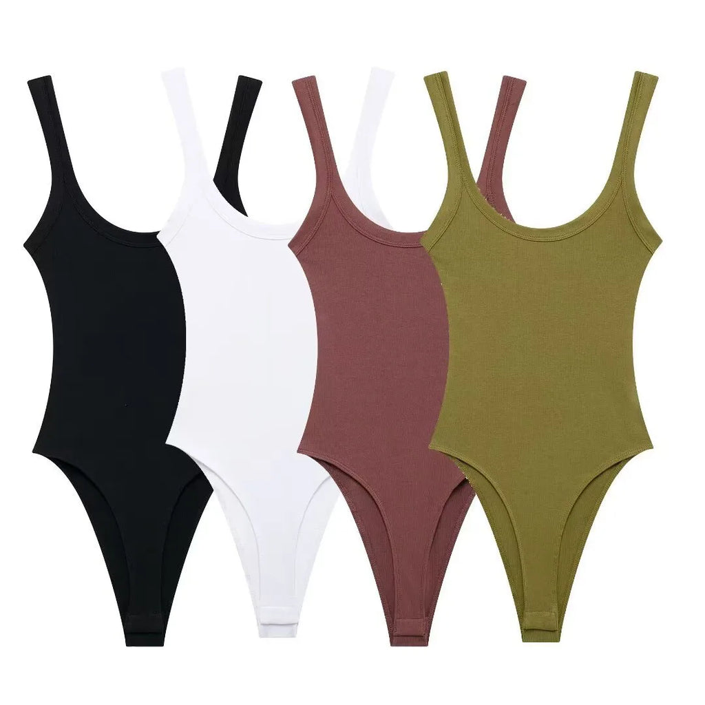 Women's Skinny Ribbed O-Neck Bodysuits with Straps Snap-Button Sexy Fashion Playsuits Comfortable Stretchy Female Clothing