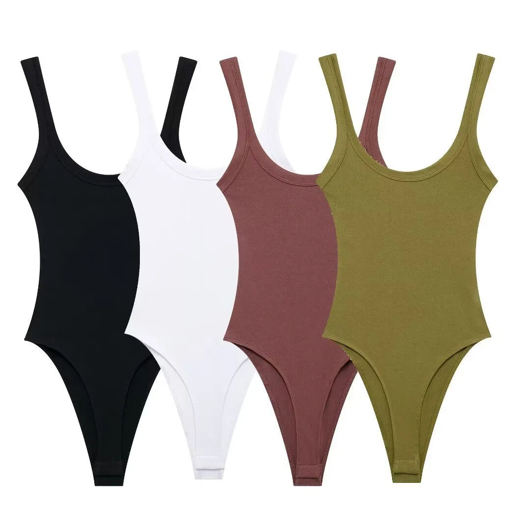 Women's Skinny Ribbed O-Neck Bodysuits with Straps Snap-Button Sexy Fashion Playsuits Comfortable Stretchy Female Clothing