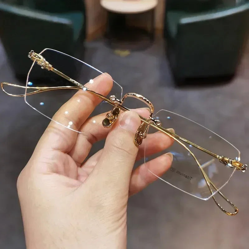 New Fashion Photochromic Myopia Glasses Vintage Rimless Square Women Men Anti Blue Light UV Sunglasses Optical Diopter Eyewear