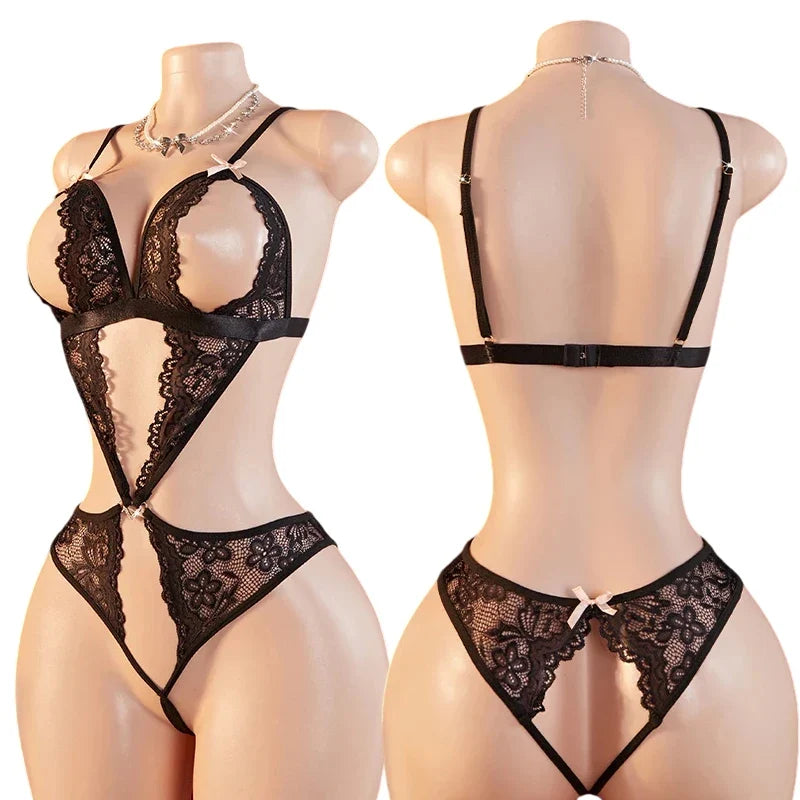Teddy Transparent Lace Lingerie Deep V Open Bra Lingerie Women Erotic Exposed Breast Hot Dress Babydoll Open Croth Bodysuit Set