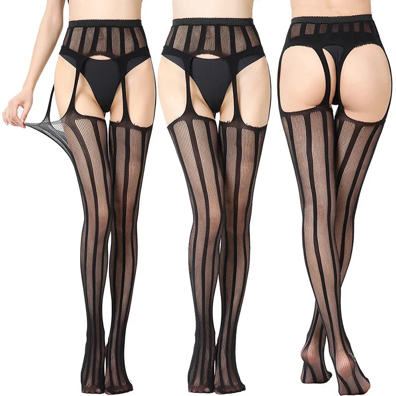 Womens Pantyhose Black Hollowed Lace Fishnet Patterned Tights Sexy Sheer Luxury Thigh High Socks Garter One-piece Bodystockings