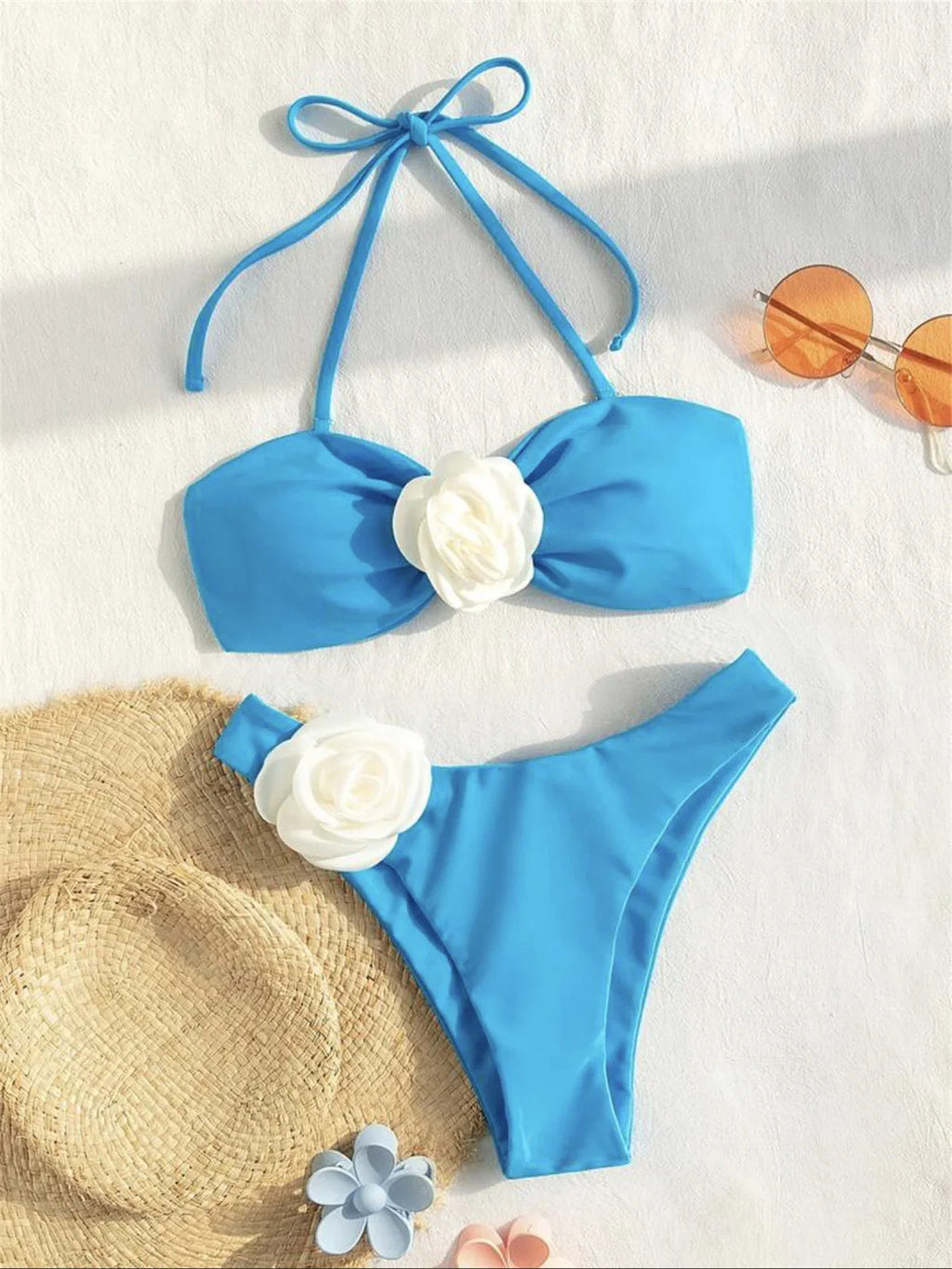 3D Flowers Bandeau Bikini 2024 Women Sexy Green Contrast Push Up Micro Swimsuit Bathers Bathing Suit Thong Swimwear Beachwear