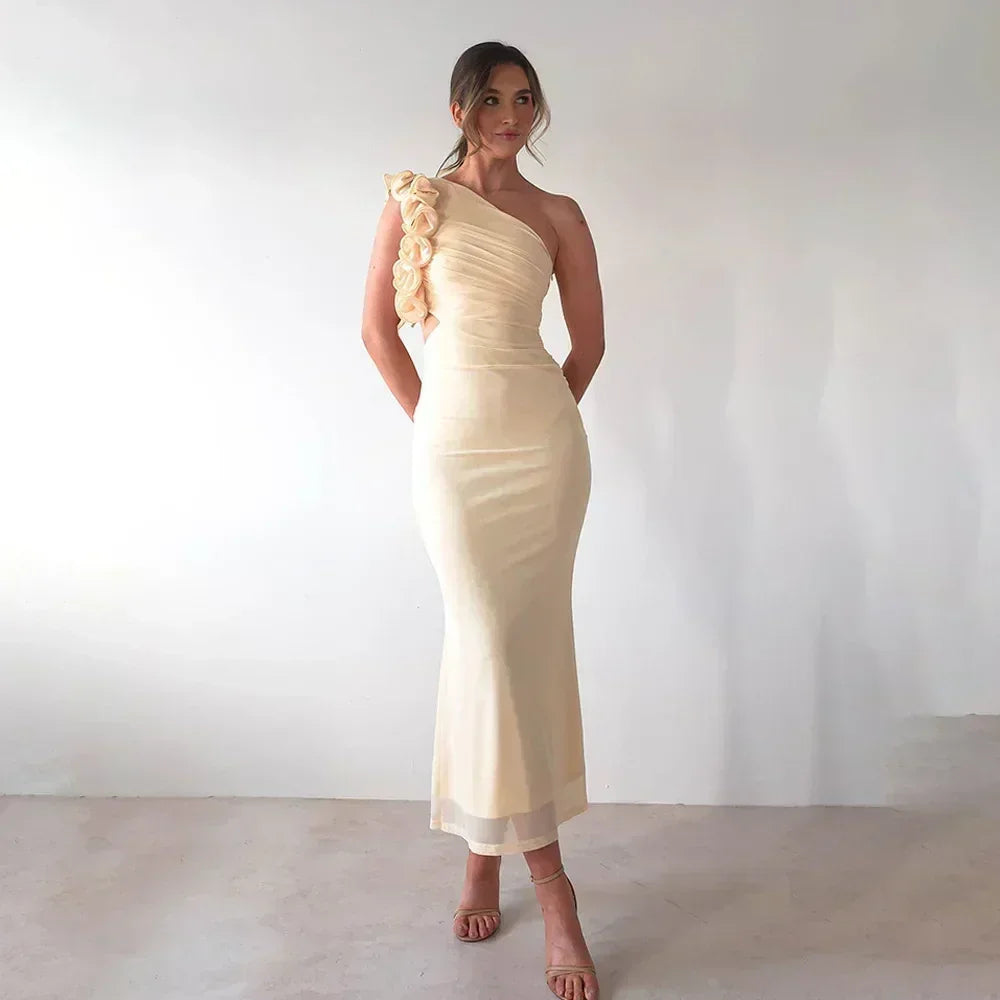 Articat Elegant Sleeveless Slant Shoulder Flower Dress Women Spring/Summer 2025 Sexy Mesh Wrap Hip Dress Party Evening Dress