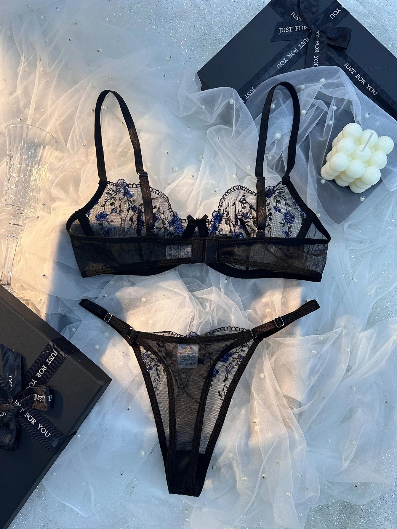 Ladies Classic Black Blue Floral Print Ultra-Thin Bra And Panties Set Elegant Underwear Combo for Women