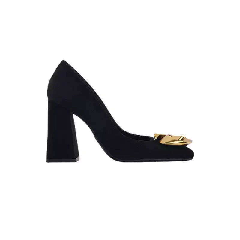 Vintage Elegant Women's Pumps Black Suede Leather Square Toe Block Heel, Gold Metal Flower Buckle Office Party Dress Shoes