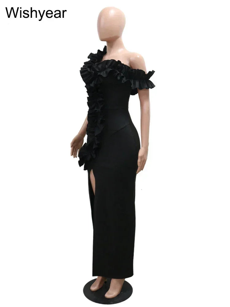 Sexy Night Sleeveless Off Shoulder Wooden Ear Edge Ruffles Bodycon Split Red Midi Dress Women Evening Birthday Party Vestidos