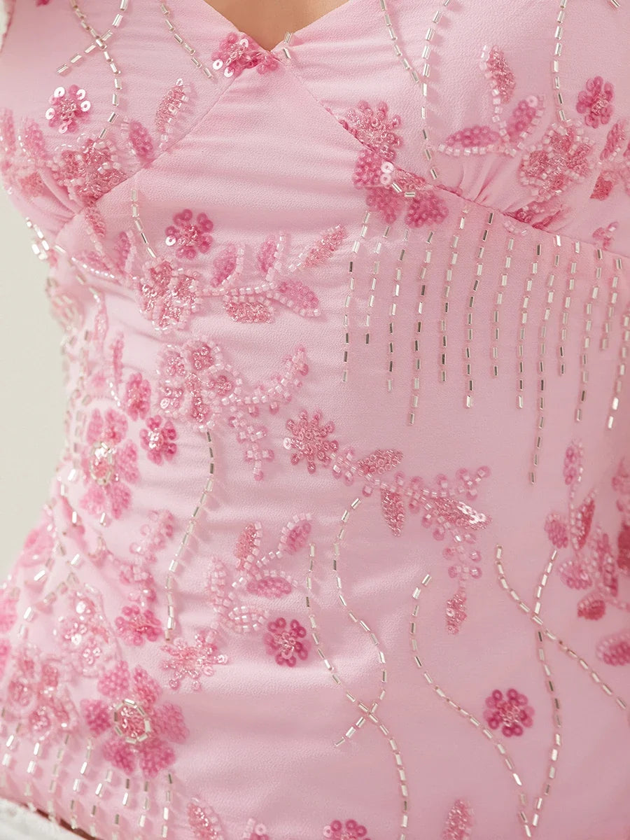 Fashion Chiffon Sleeveless Backless Tops Sexy Deep V-neck Beading Sequin Flower Summer Back Bandage Vest Women Camisole