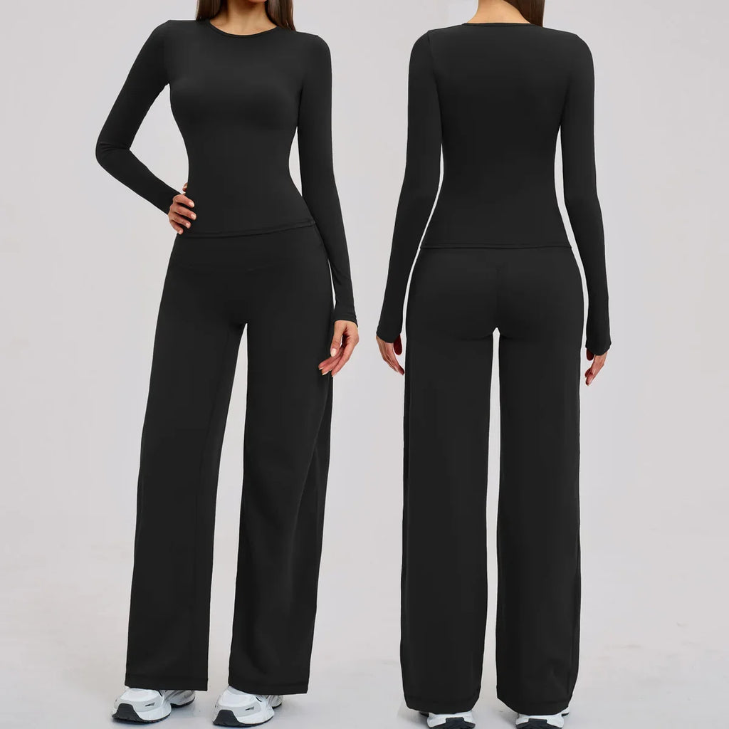 Yoga Set 2 Pieces Women Fitness Sportswear Gym Loose wide-leg pants Long-sleeved T-shirt Sports Crop Tops Tracksuit Workout Wear