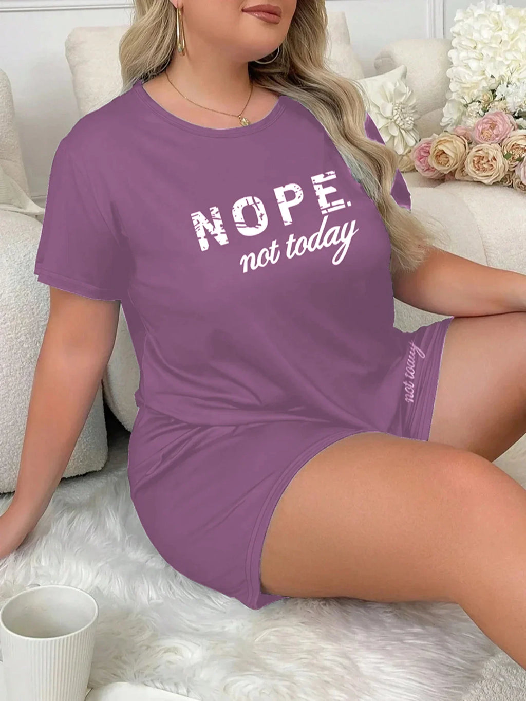 Letters Print Pajama Set Short Sleeve Tee And Elastic Shorts Plus Size Fit Women's Casual Attire Sports Wear Loungewear Homewear
