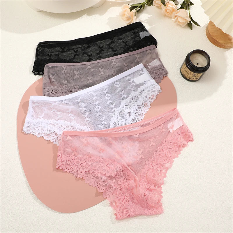 4PCS Lace Bikini Briefs Panties Women's Transparent Lingerie Sexy Female Underpants Floral Lace Perspective Waist Band Briefs