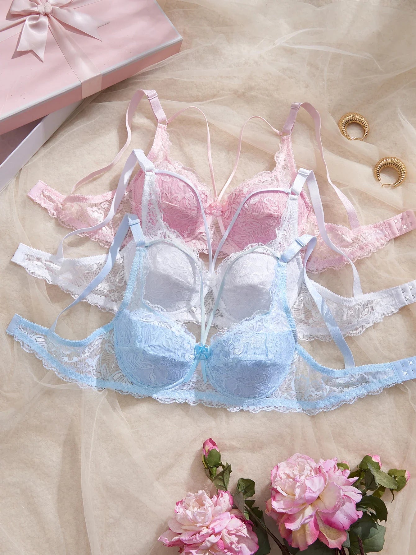3PCS Lace Women's Underwear Set Sexy Mesh Lace Push-Up Bra Stylish Comfy Underwire Lingerie Bra for Women