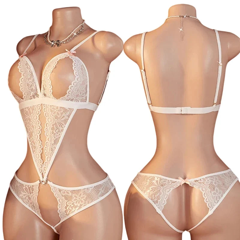 Teddy Transparent Lace Lingerie Deep V Open Bra Lingerie Women Erotic Exposed Breast Hot Dress Babydoll Open Croth Bodysuit Set