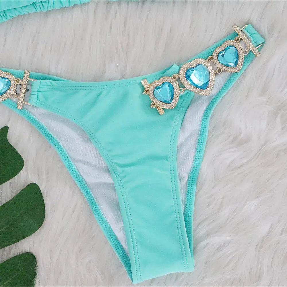 Sexy Rhinestones Bikini Set 2025 Women Red Pink Glitter Diamond Metal Chain Thong Swimwear Bathing Suit Band 3 Piece Swimsuit