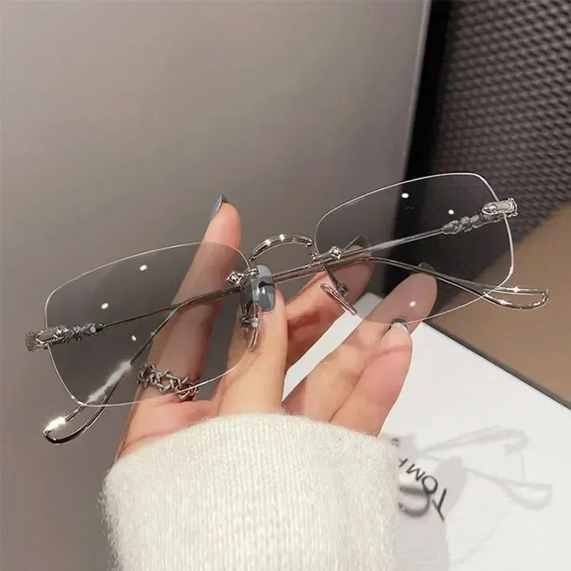 New Fashion Photochromic Myopia Glasses Vintage Rimless Square Women Men Anti Blue Light UV Sunglasses Optical Diopter Eyewear