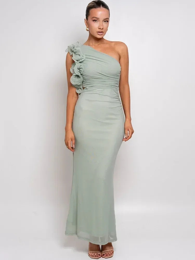 Articat Elegant Sleeveless Slant Shoulder Flower Dress Women Spring/Summer 2025 Sexy Mesh Wrap Hip Dress Party Evening Dress