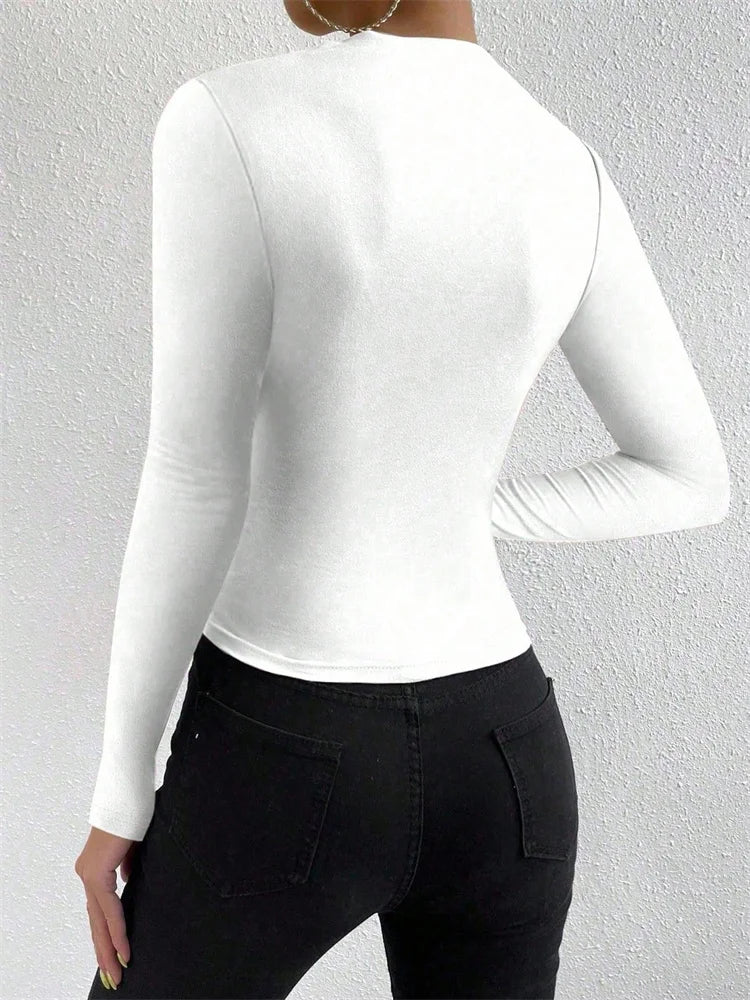 Casual Pleated Mock Neck Long Sleeve T-shirt for Women Autumn Winter Spring Solid Color Ruched Skinny Slim Fit Blouse Top Tshirt