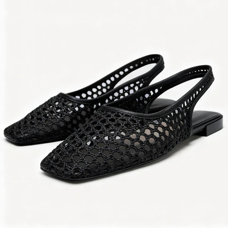 Weave Mesh Breathable Mules Sandals for Women Summer New Slingback Beach Shoes Casual Square Toe Fashion Ballet Flats Ladies