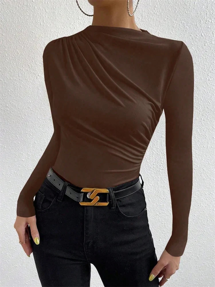 Casual Pleated Mock Neck Long Sleeve T-shirt for Women Autumn Winter Spring Solid Color Ruched Skinny Slim Fit Blouse Top Tshirt