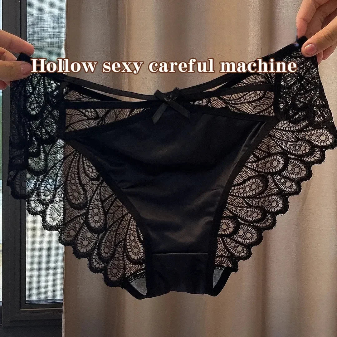 Plus Size Silk Shorts Sexy Lady Lace Hollow Breathable Satin Panties Women