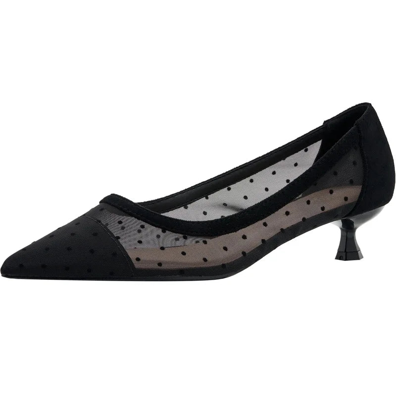 maogu Black Women Pointed Toe High Heel Work Shoes Dot Mesh Vintage Elegant Shallow Stiletto 2023 Spring Summer Thin Heels Pumps