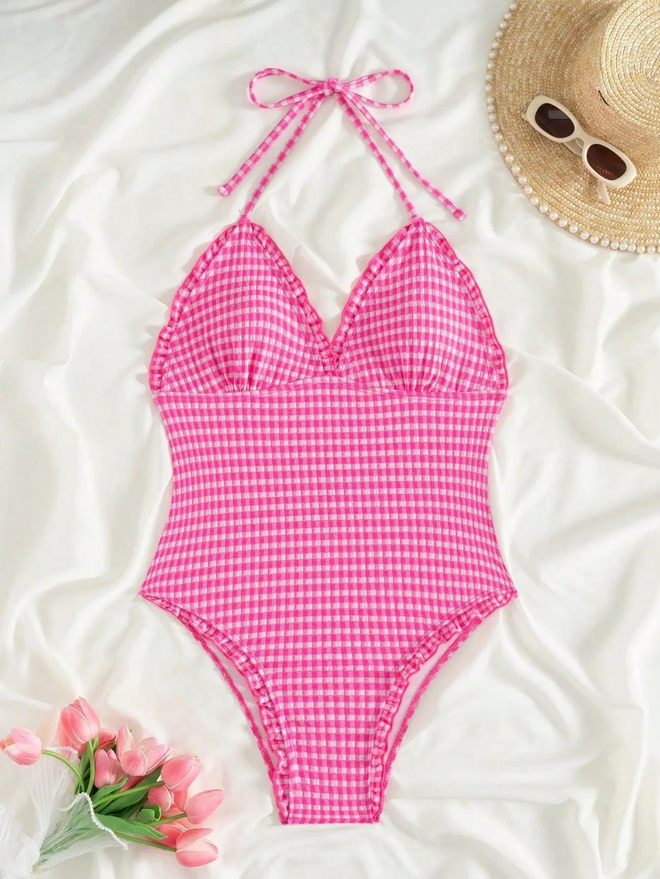 Vintage Hot Pink Plaid One Piece Swimsuit 2026 Women Halter Lace Trim V Neck Tummy Control Swimwear Beach Bathing Suit Monokini