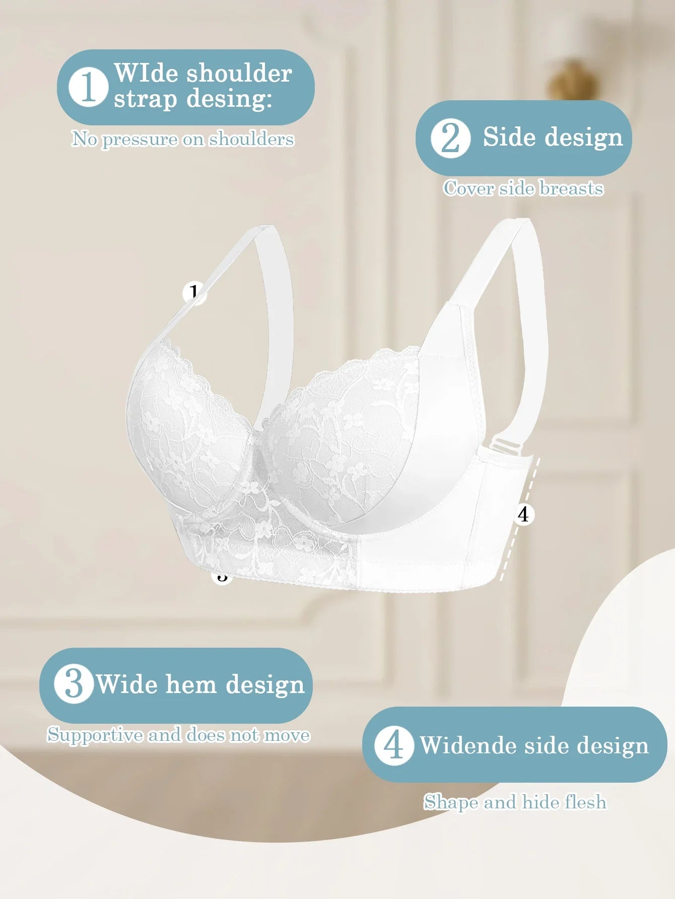 Sexy Women's A B C D Cup Large Size Lace Bras, Lace Splicing Underwire Bra, Push-Up and Side Breast Minimizing, Comfortable Women's Lingerie Bra