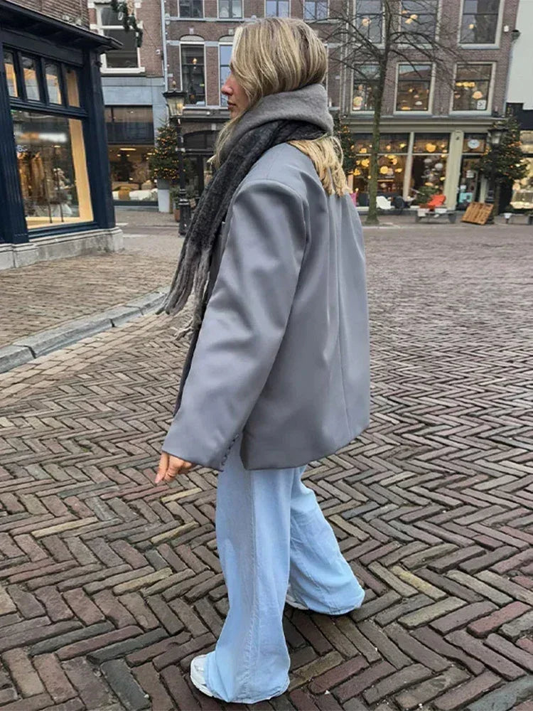 Women's V-Neck Side-Buttoned Suit Jacket Long Sleeve Solid Color Coats Pocket Cuffs Oversize Tops High Street Female Clothes
