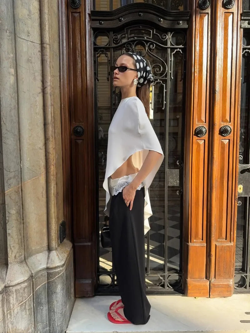 Trendix White Asymmetrical Cover Up For Women Fashion Ruffle Hem Loose Short Sleeve Shirts Casual Elegant Commuting Pullover Top