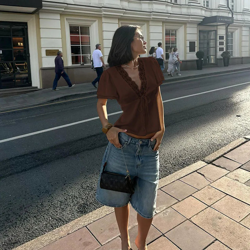 Lace Patchwork Solid Short Sleeve Tops for Women V Neck Lace Splicing Straps Skinny T-shirt Female Elegant Casual Slim Fit Tees