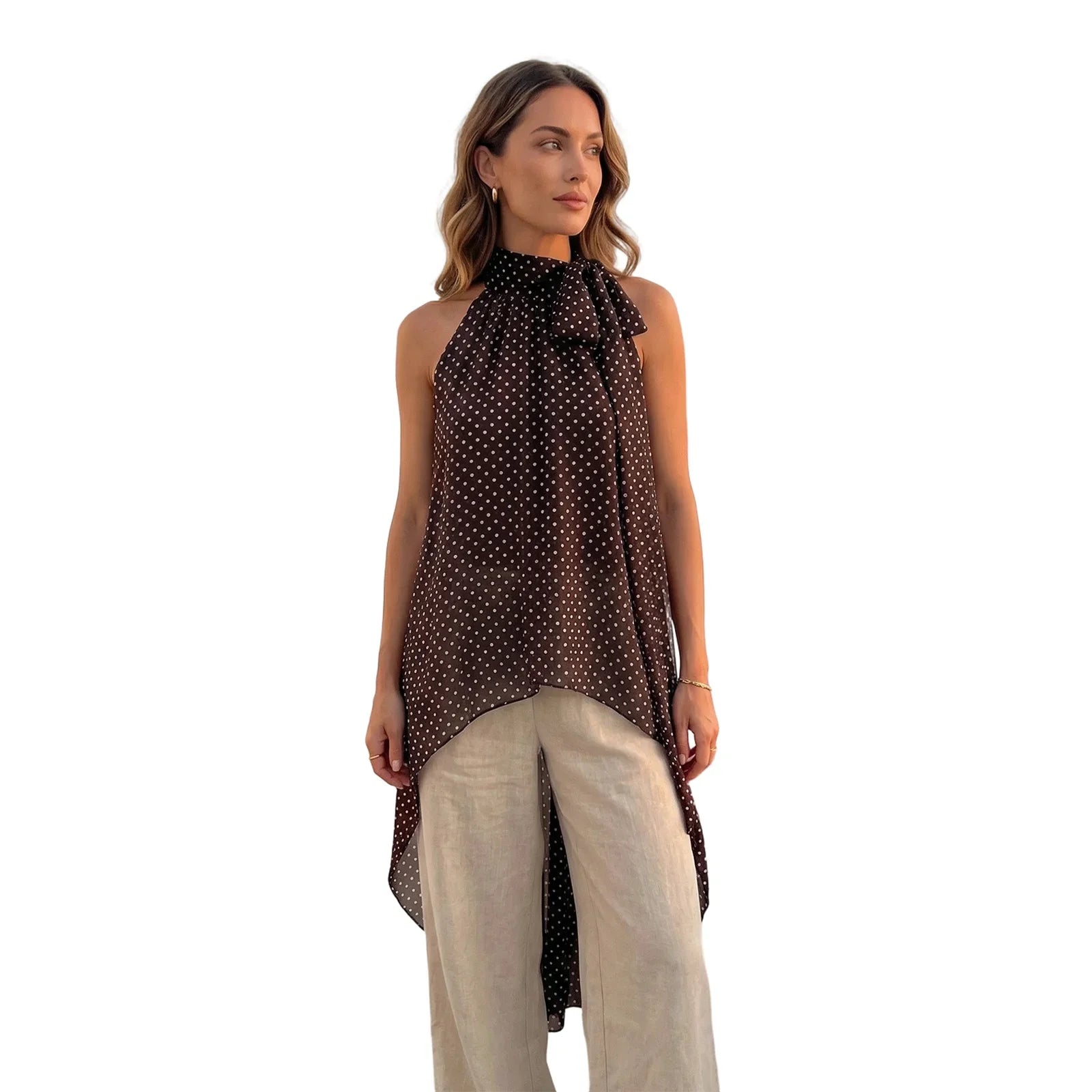 Women’s Solid Color Halter Neck Long Tops Summer Fashionable Dot Print Backless Going Out Vest