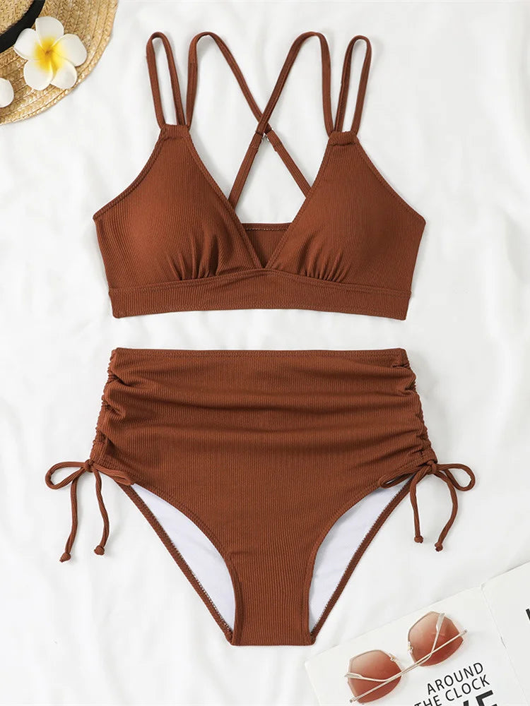 Women's Two Piece Swimsuit Black Double Strap Push Up Pleate Drawstring Side High Waist Bikini 2025 Beach Bathing Suit Swimwear