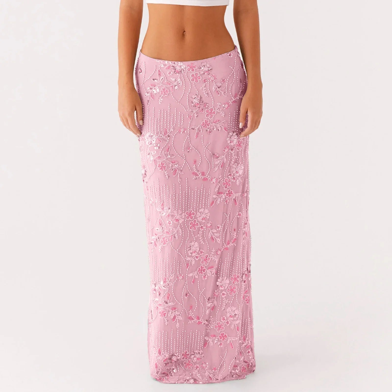 Elegant Beading Sequined Long Skirt for Women Summer Casual Floral Embroidery Maxi Straight Skirts for Beach Club Streetwear