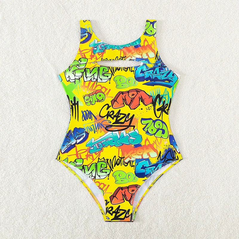 Vintage Yellow Abstract Print One Piece Swimsuit 2024 Women Hollow Out Holiday Bathing Suit Tummy Control Swimwear Beachwear