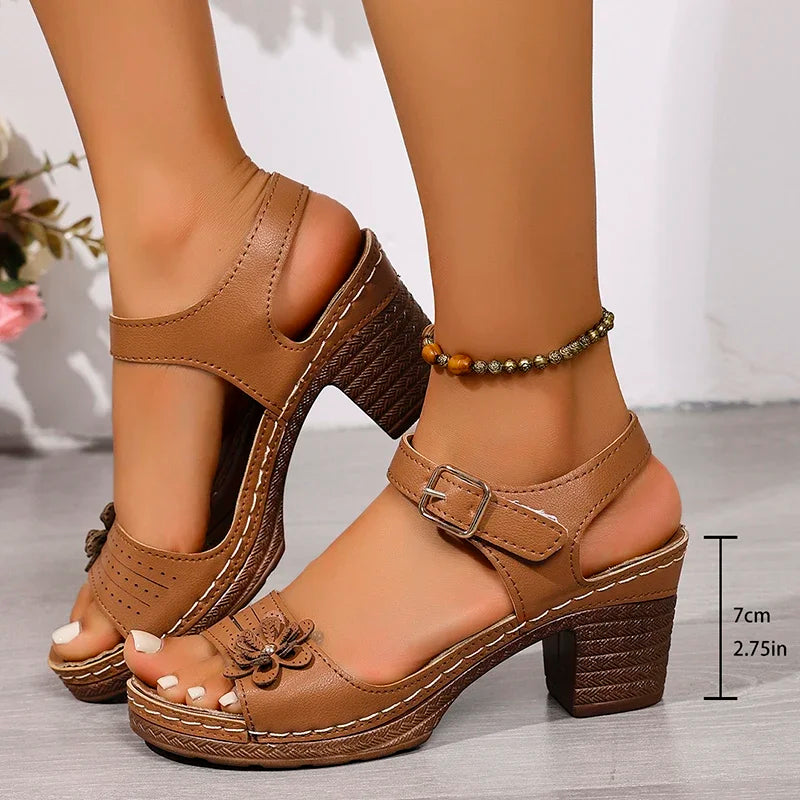 Vintage Flower Ankle Strap Sandals Women Summer 2026 Comfort Thick Heels Plus Size Sandals Elegant High Heeled Mother's Shoes