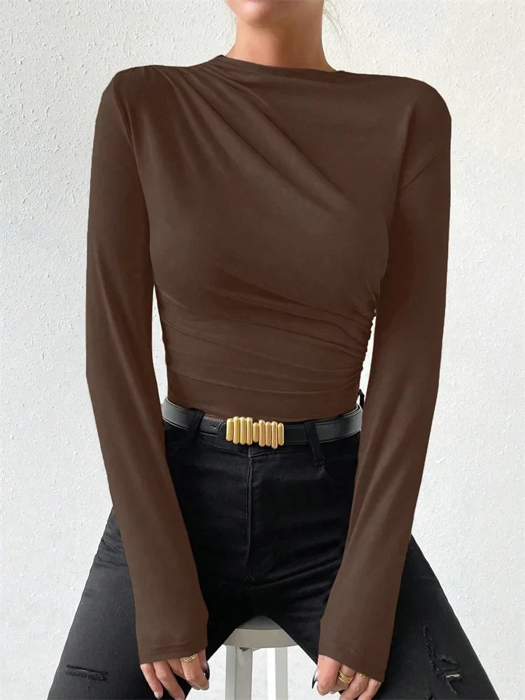 Casual Pleated Mock Neck Long Sleeve T-shirt for Women Autumn Winter Spring Solid Color Ruched Skinny Slim Fit Blouse Top Tshirt