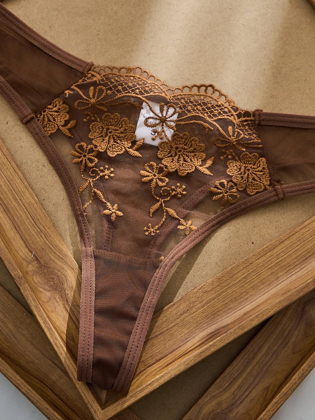 Lady Floral Embroidery Lingerie Set Women Sheer Bra and Brief Underwear Set Satin Sexy Intimates Underwear