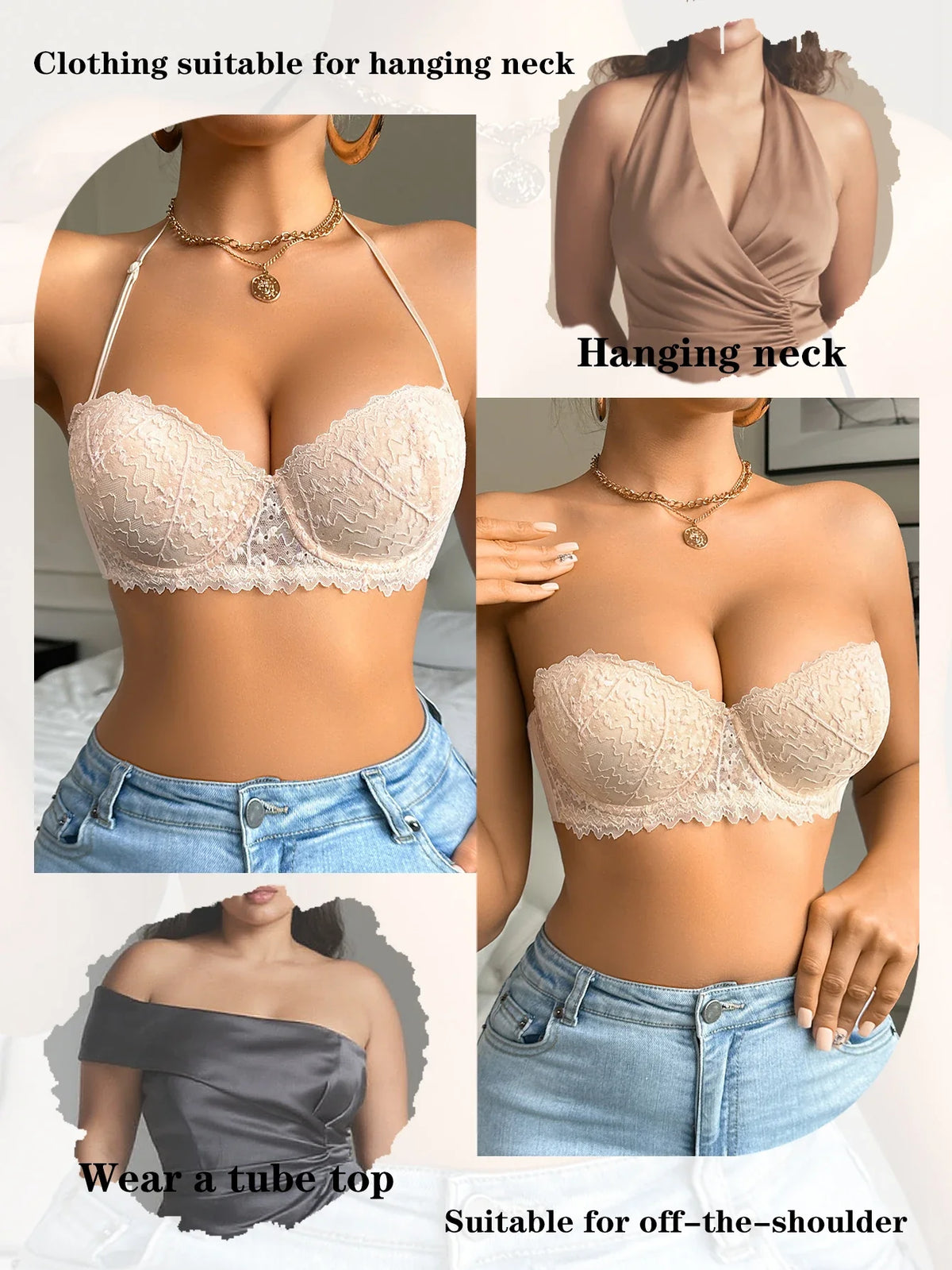 Daily Lace Patchwork Detachable Strap Women's Sexy Bras Invisible Strapless Backless Bra for Dresses Soft Thin Cup Push up Bra