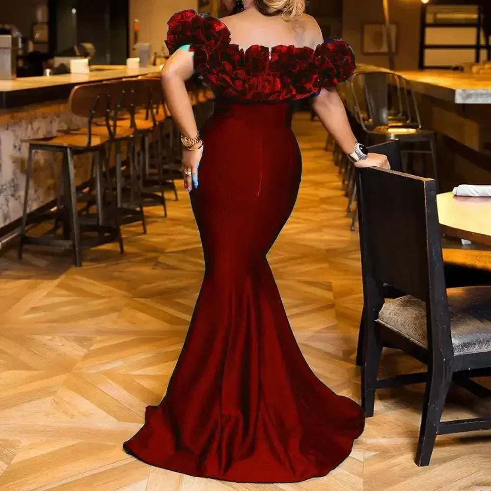 Women Strapless Sleeveless Ruffles Slash Neck Trumper Mermaid Dress Long Evening Party Floor Length Dress Solid Color Sexy