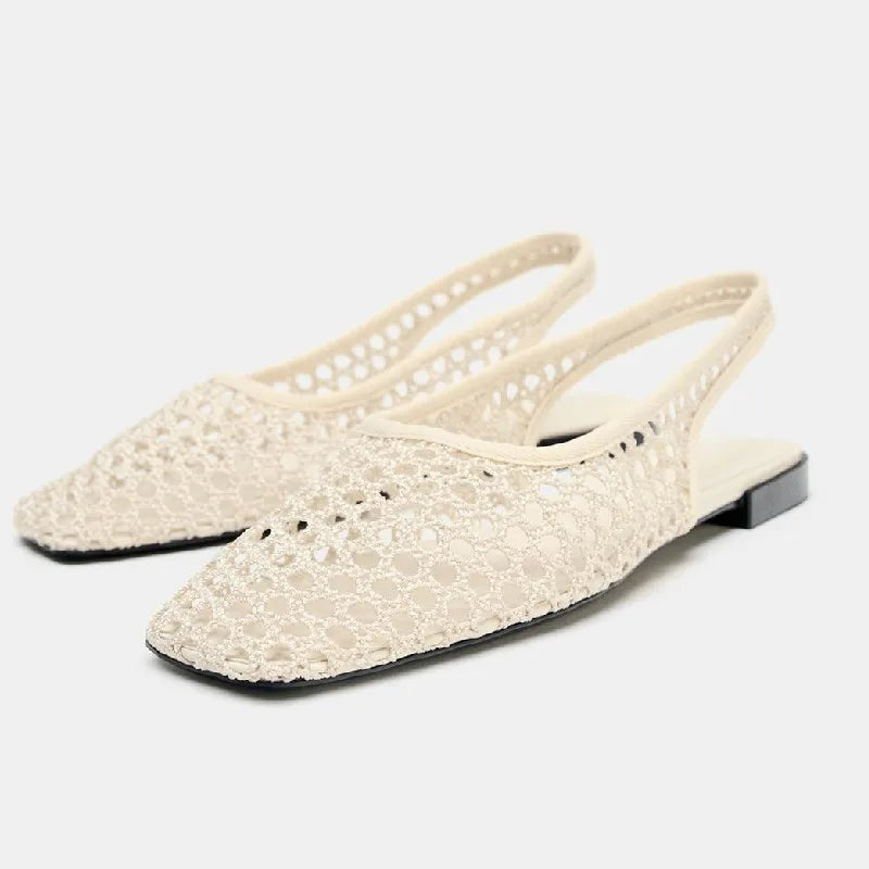 Weave Mesh Breathable Mules Sandals for Women Summer New Slingback Beach Shoes Casual Square Toe Fashion Ballet Flats Ladies