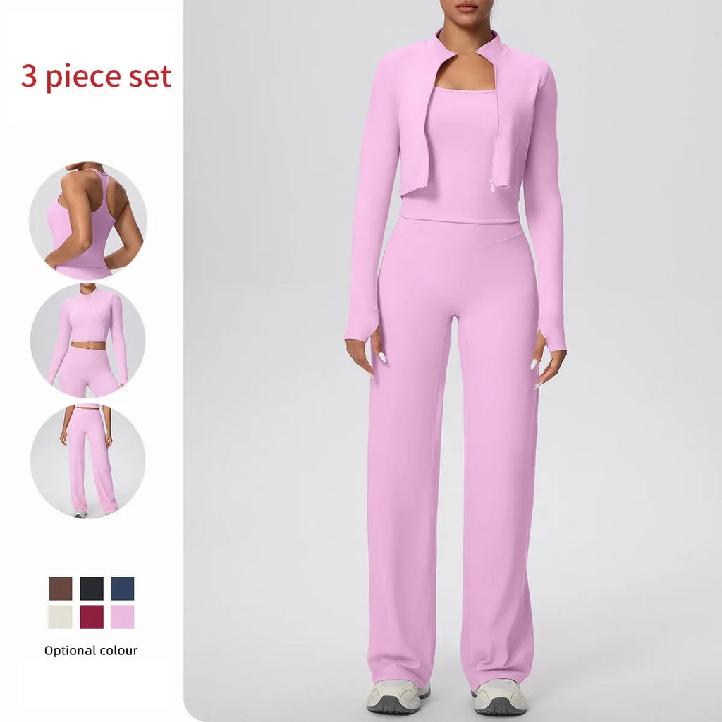 Yoga Set 3PCS Women Workout Sets Sportswear Gym Clothing Fitness zipper Long Sleeve High Waist Leggings Sports Suits Yoga Suit