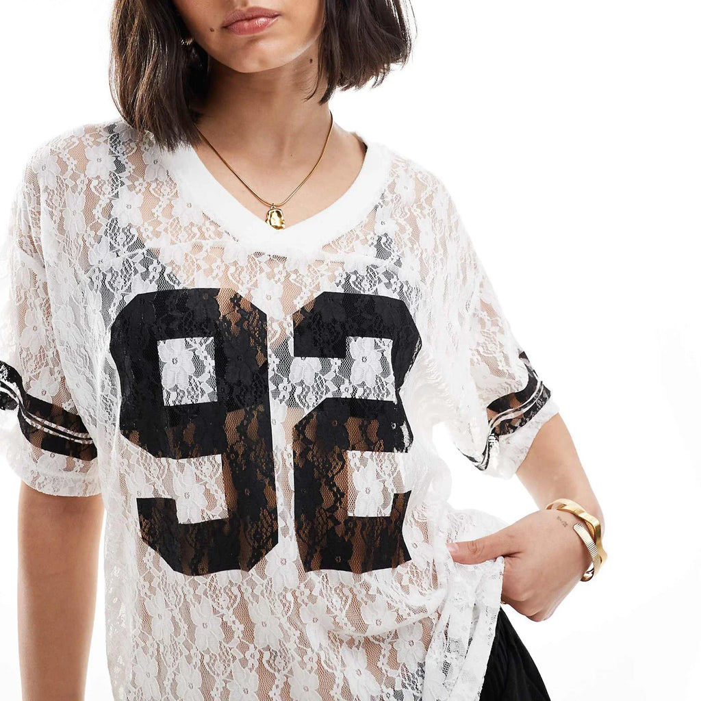 Women Summer Lace Football T-Shirt Casual Number Print See-Through V-Neck Short Sleeve Basic Tops for Streetwear