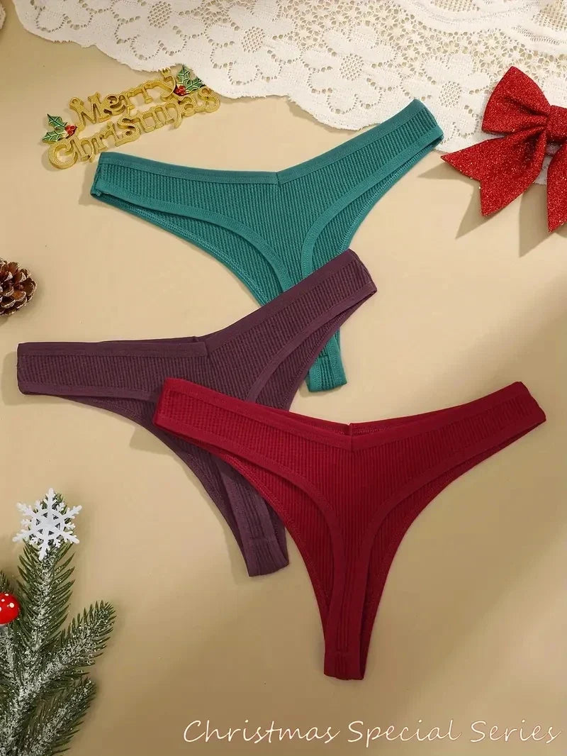 3Pcs Women Christmas Waffle Style G-string Cotton Panties Ladies Soft Thongs Female S-XL Low-Rise T-Back Panties Bikini Bikini