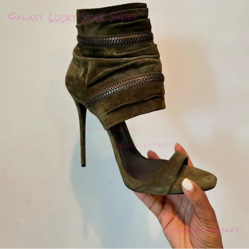 Dark Emerald Green Suede Ankle Wrap Sandals Women Open Stiletto Heel Round Toe Hot Chick Heels Metal Zip Cool Street Style Shoes
