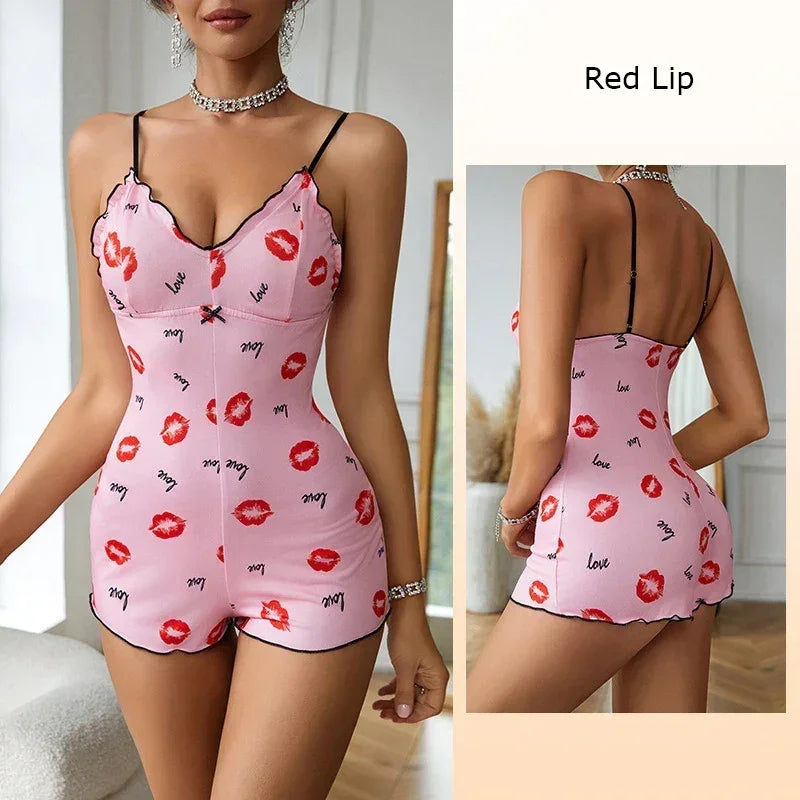 Women's Pajamas One Piece Pajamas Red Lip Printed Sleeveless Pijama Short Onesie Adults V-Neck Suspenders Funny Pajamas Bodysuit