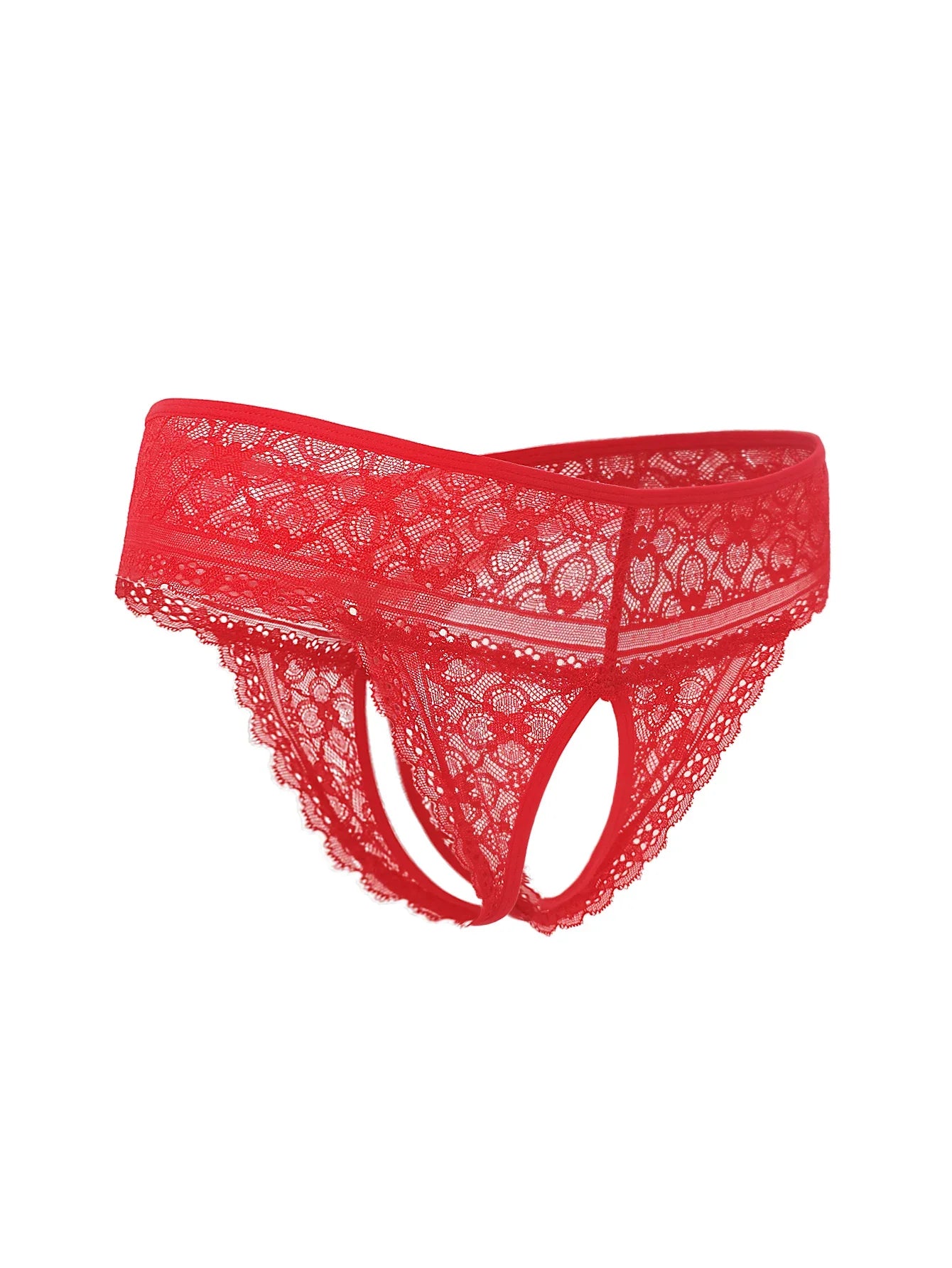 1pcs Women's Sexy Red Lace Open Crotch Thong Panties Floral Lace See Through Low Rise Intimate Lingerie for Ladies Nightwear